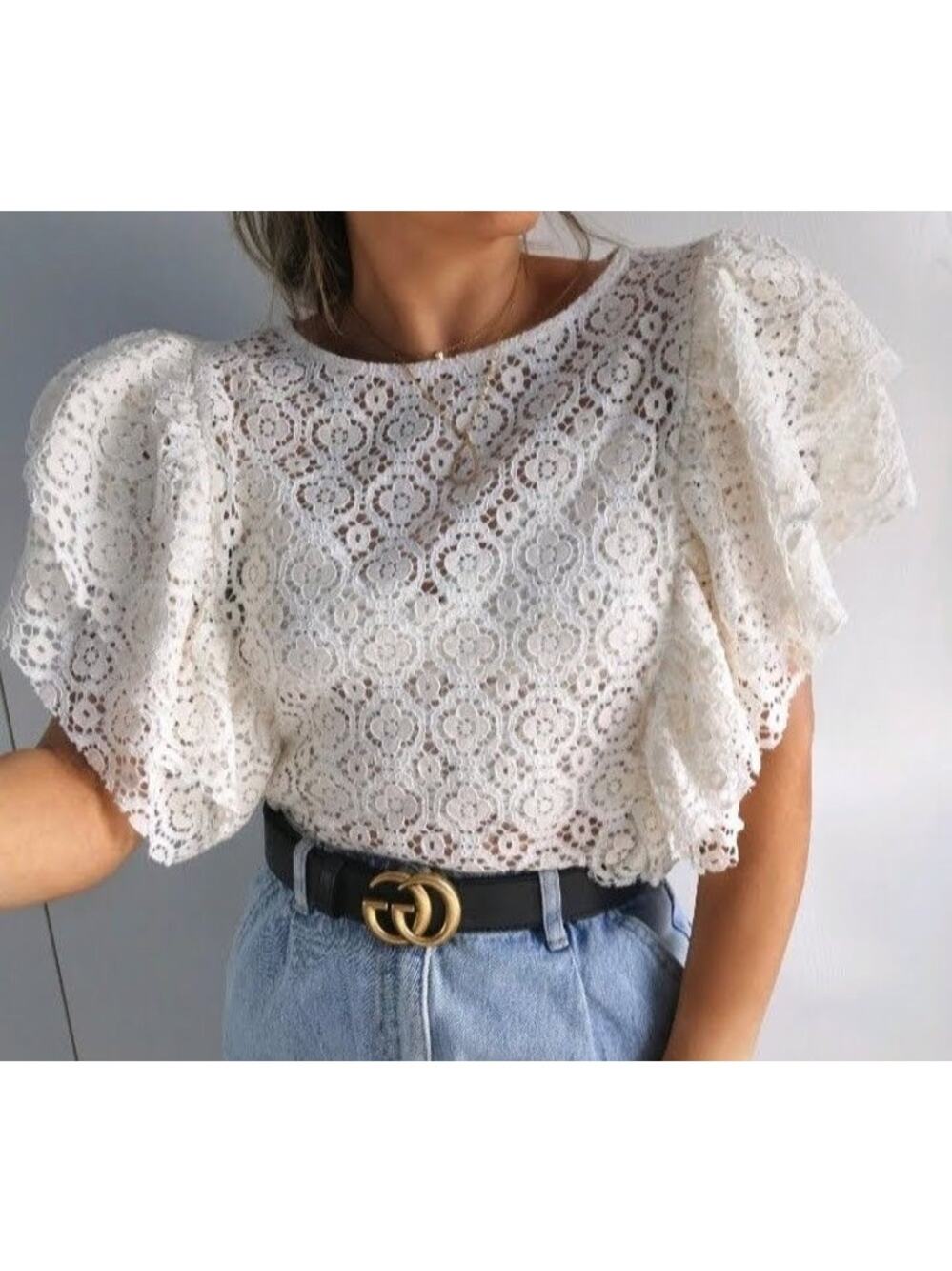 Zara Woman Collection Ivory Lace Blouse Ruffled Sleeves Size S